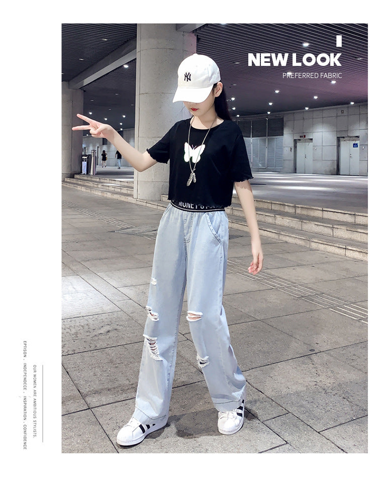 Western Dress butterfly print shirt with jeans 2 piece dress for girls