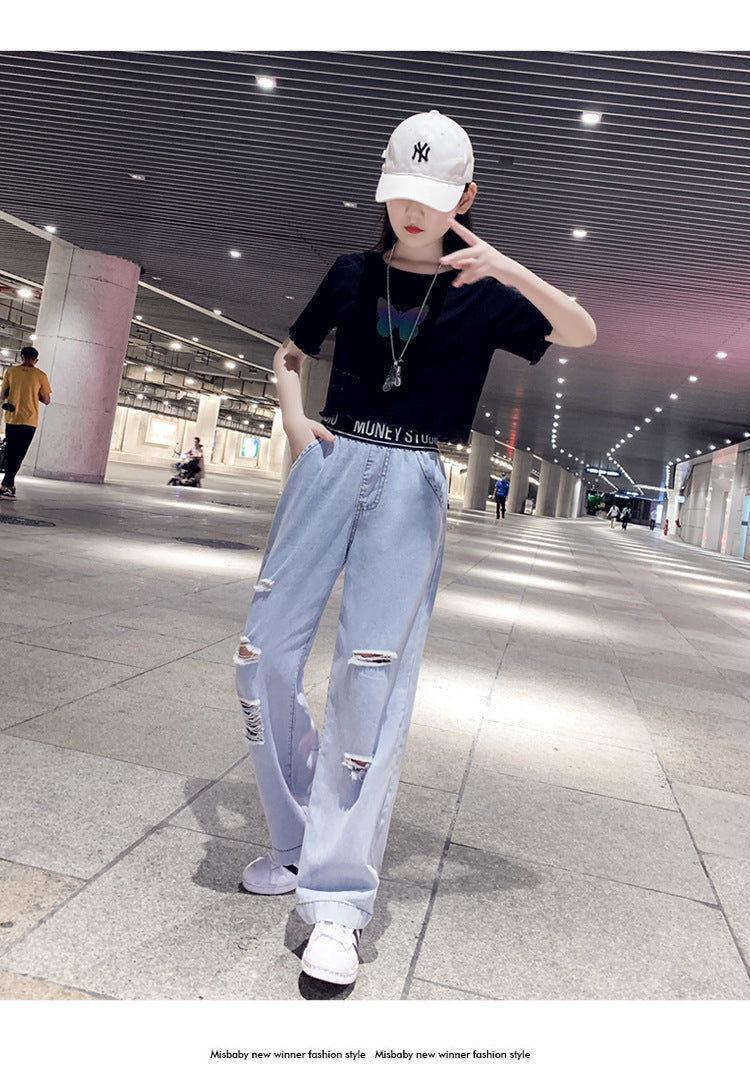 Western Dress butterfly print shirt with jeans 2 piece dress for girls