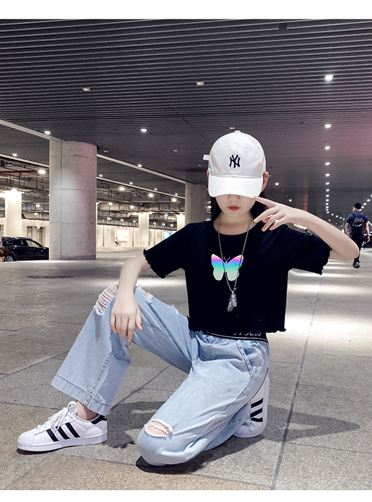 Western Dress butterfly print shirt with jeans 2 piece dress for girls