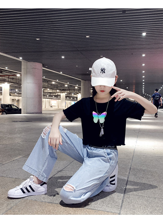 Western Dress butterfly print shirt with jeans 2 piece dress for girls