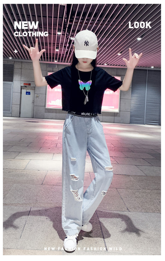 Western Dress butterfly print shirt with jeans 2 piece dress for girls