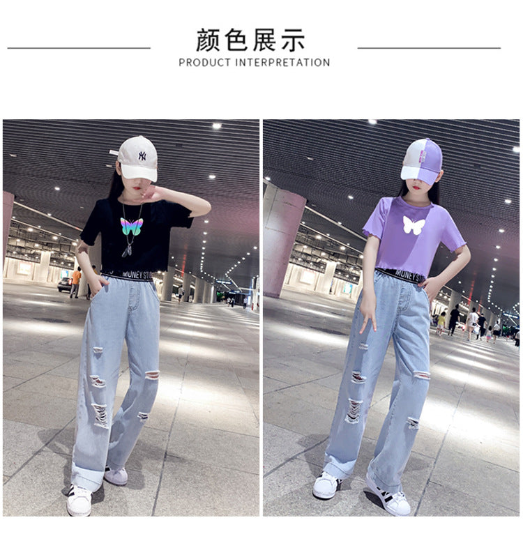 Western Dress butterfly print shirt with jeans 2 piece dress for girls