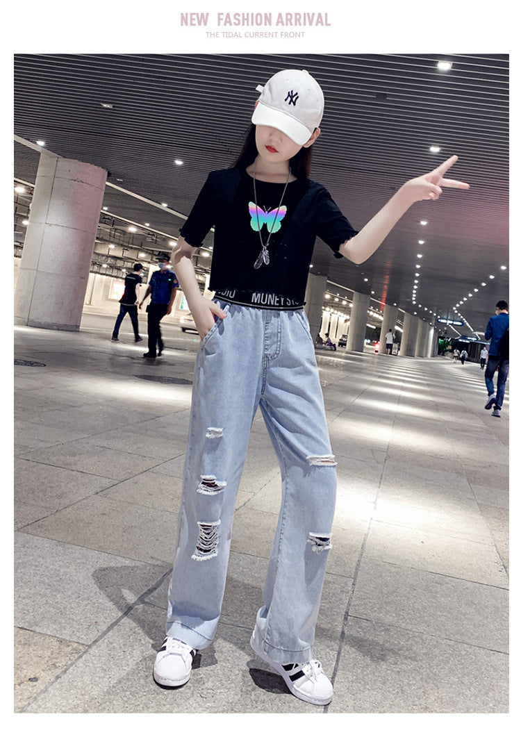 Western Dress butterfly print shirt with jeans 2 piece dress for girls