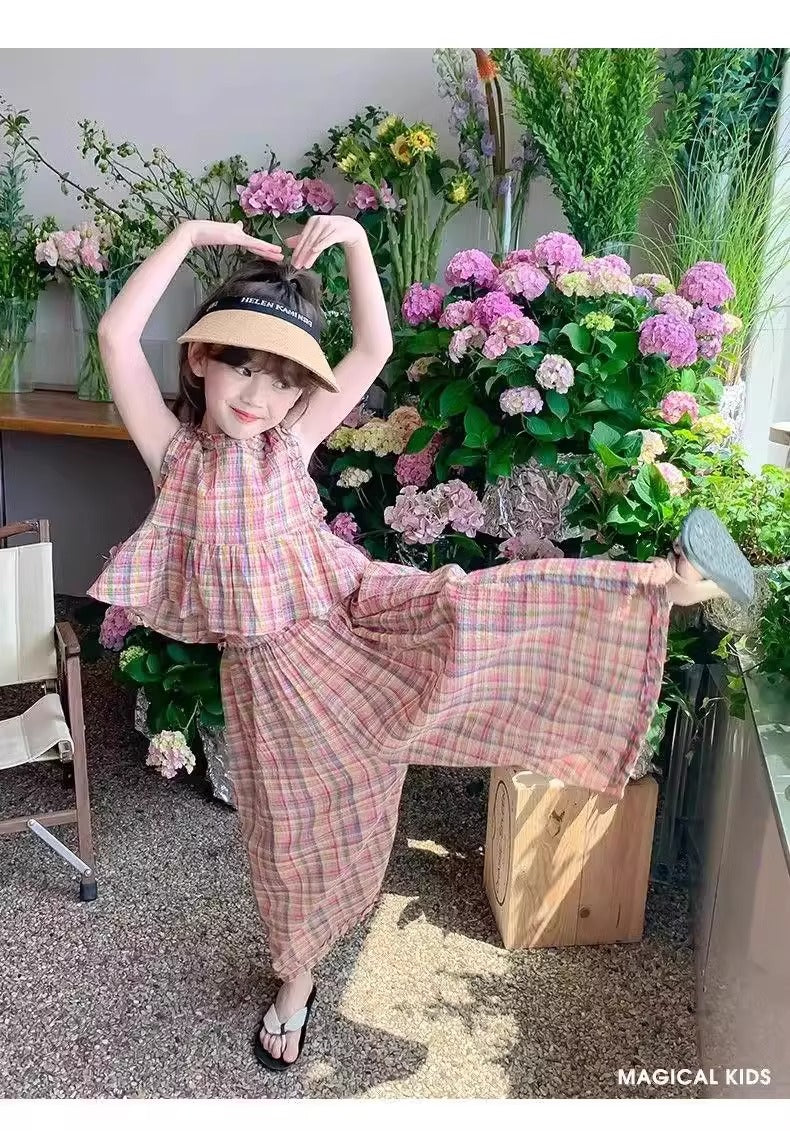 Baby clothes Pakistan new fashionable plaid sleeveless shirt and trouser dress for girls