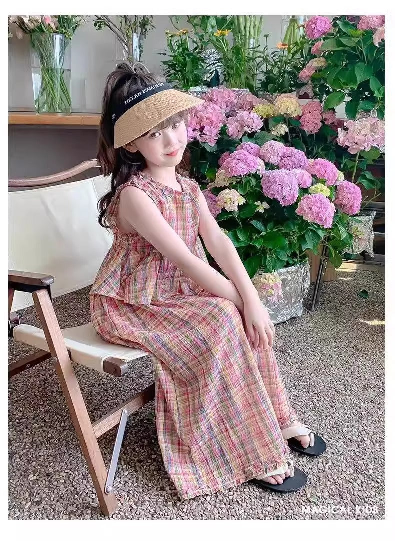 Baby clothes Pakistan new fashionable plaid sleeveless shirt and trouser dress for girls