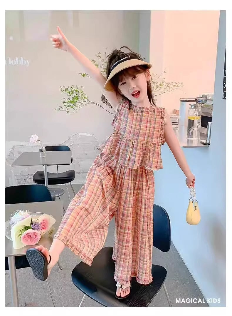 Baby clothes Pakistan new fashionable plaid sleeveless shirt and trouser dress for girls