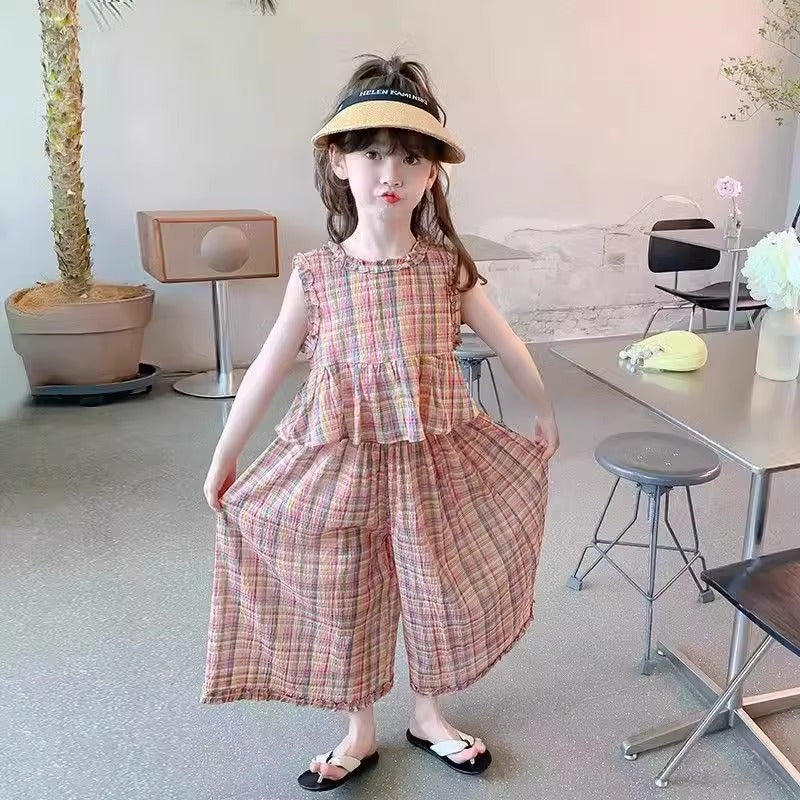 Baby clothes Pakistan new fashionable plaid sleeveless shirt and trouser dress for girls