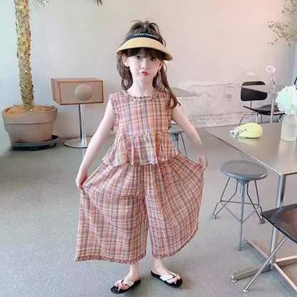 Baby clothes Pakistan new fashionable plaid sleeveless shirt and trouser dress for girls