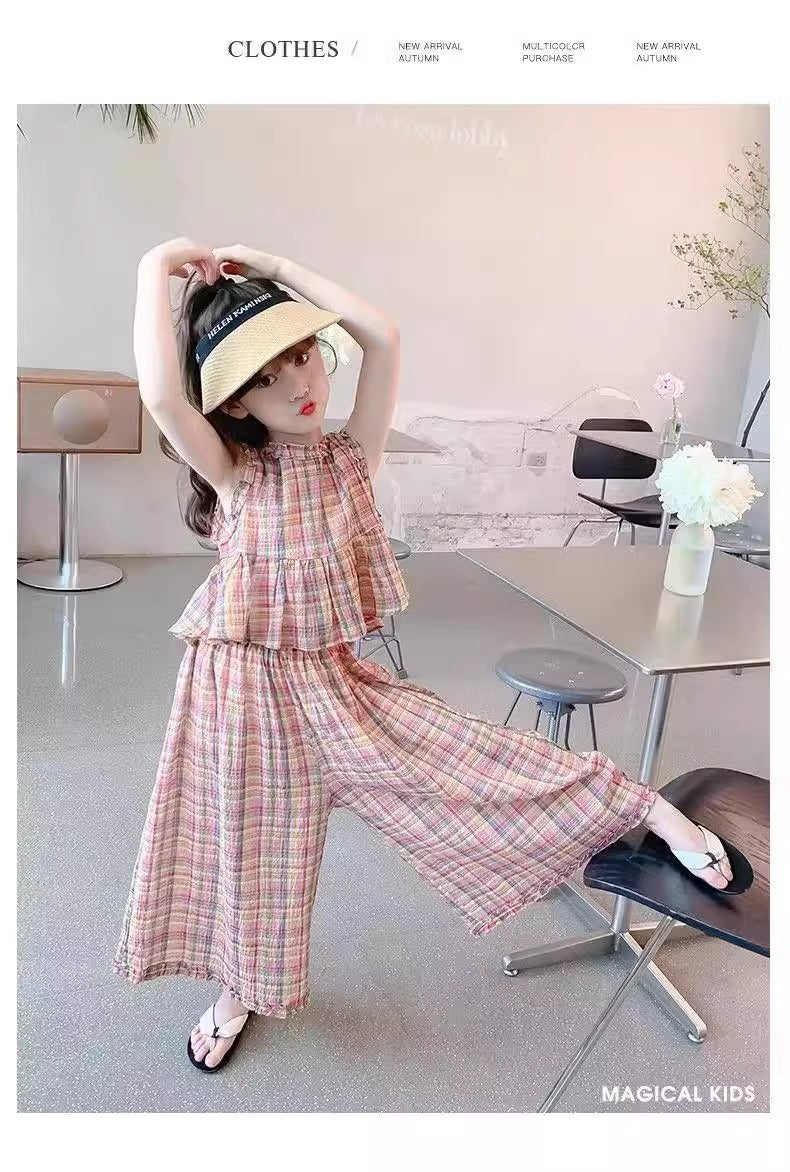 Baby clothes Pakistan new fashionable plaid sleeveless shirt and trouser dress for girls