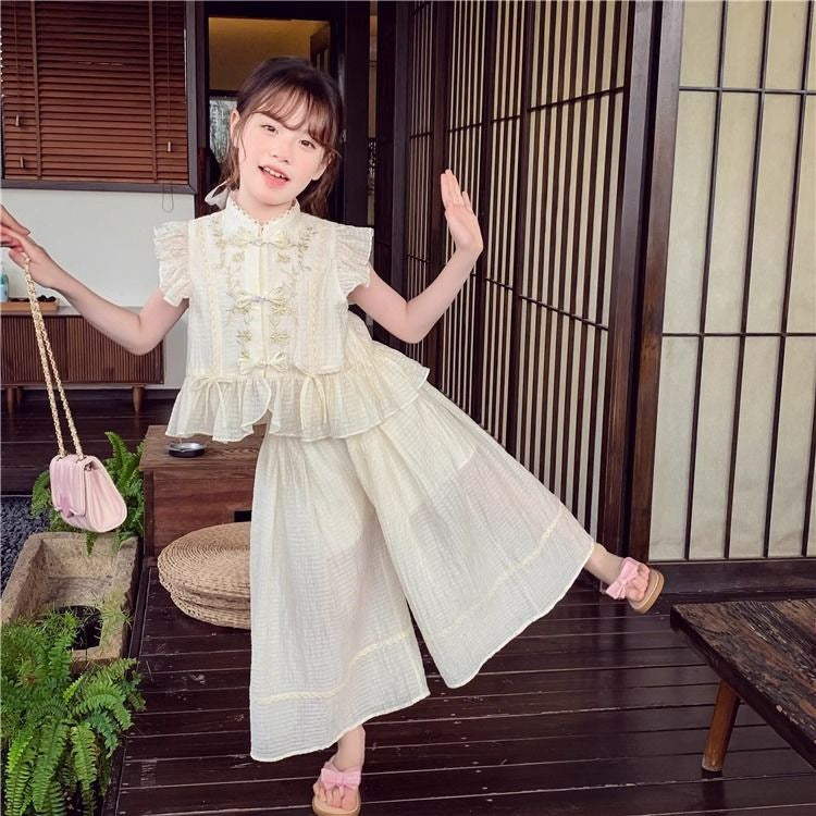 Western Dress sleeveless top+wide leg pant loose dress for girls