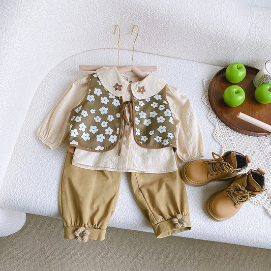 Kids wear top+bloomars flower style vest+pant three piece dress for girls