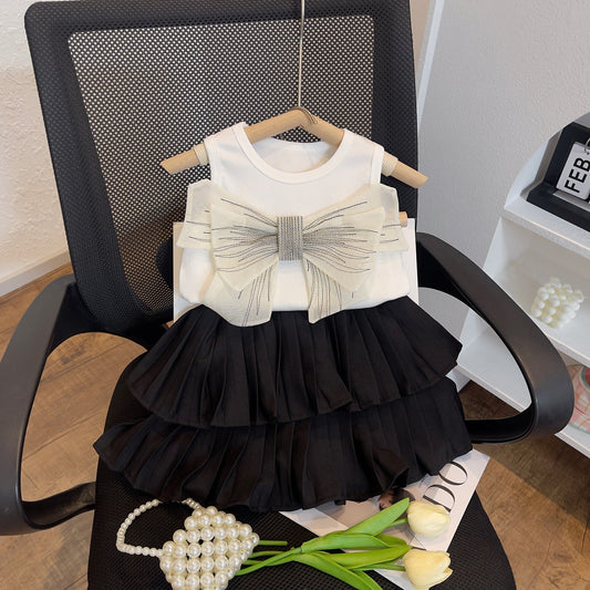 Western Dress big bow vest sleeveless top with skirt 2 piece dress for girls