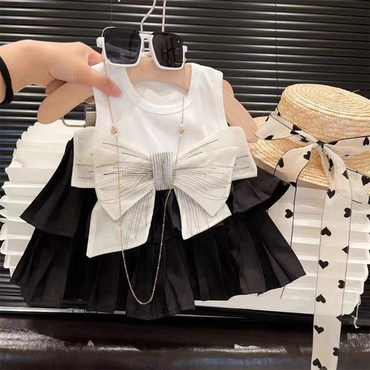 Western Dress big bow vest sleeveless top with skirt 2 piece dress for girls