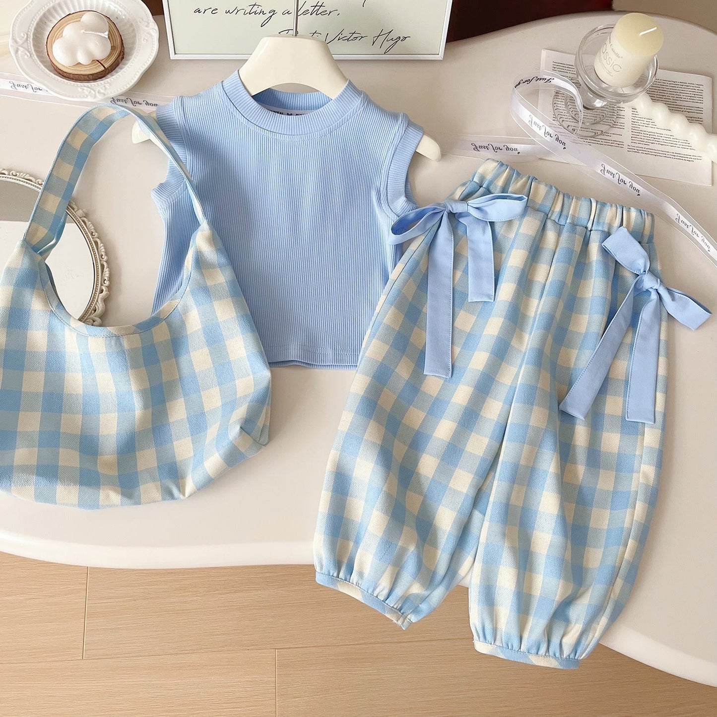 Kids wear Pakistan sleeveless shirt + plaid pant with bag 3 piece dress for girls