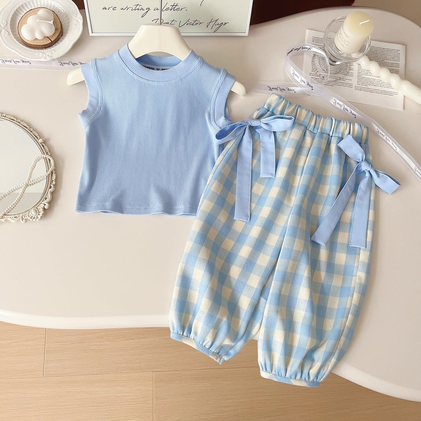Kids wear Pakistan sleeveless shirt + plaid pant with bag 3 piece dress for girls