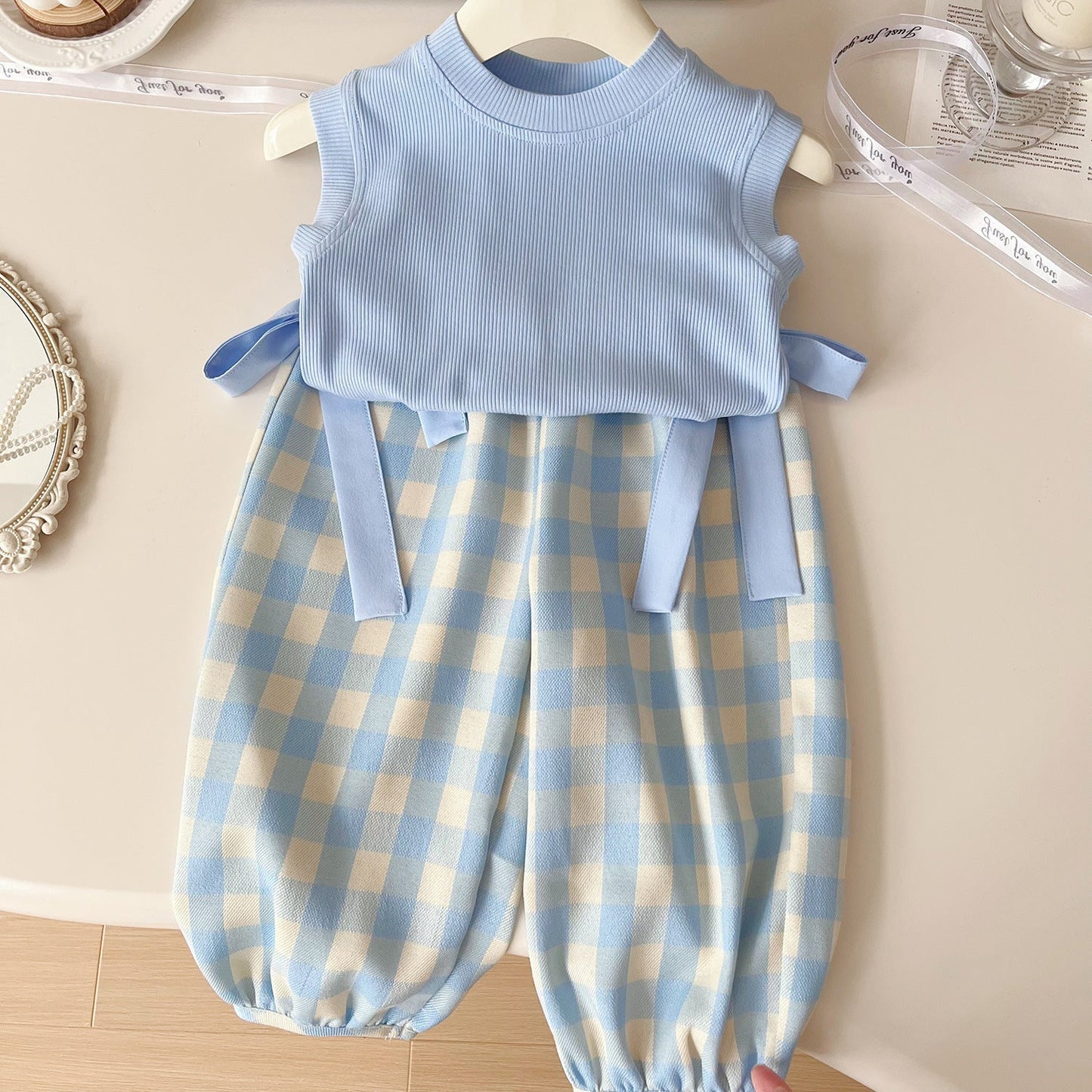 Kids wear Pakistan sleeveless shirt + plaid pant with bag 3 piece dress for girls