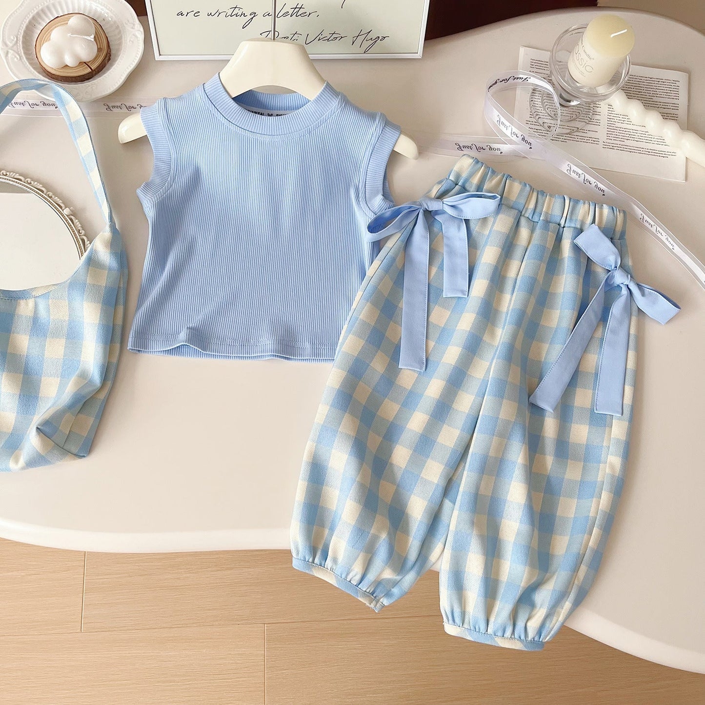 Kids wear Pakistan sleeveless shirt + plaid pant with bag 3 piece dress for girls