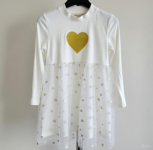 Heart printed mesh cotton full sleeve frock for girls