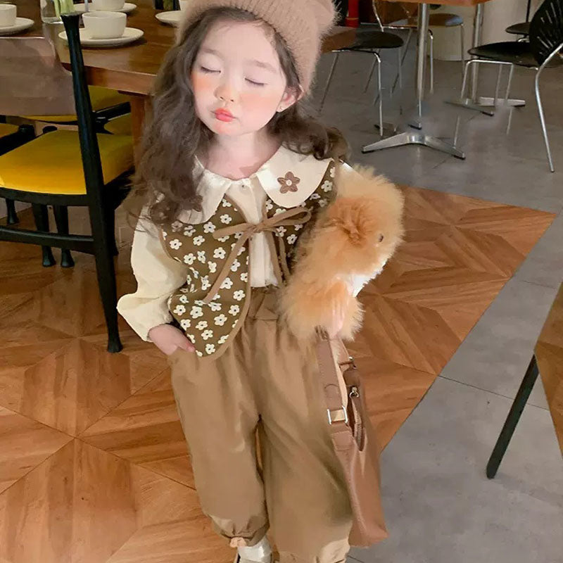 Kids wear top+bloomars flower style vest+pant three piece dress for girls
