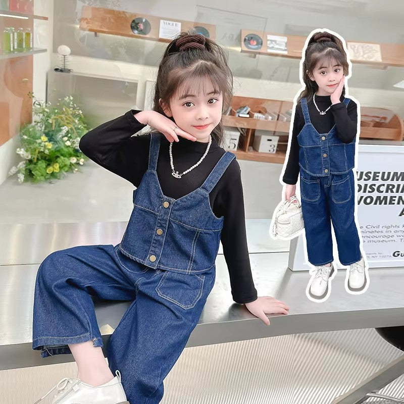 Girls clothing jeans vest+pant and shirt three piece dress for girls