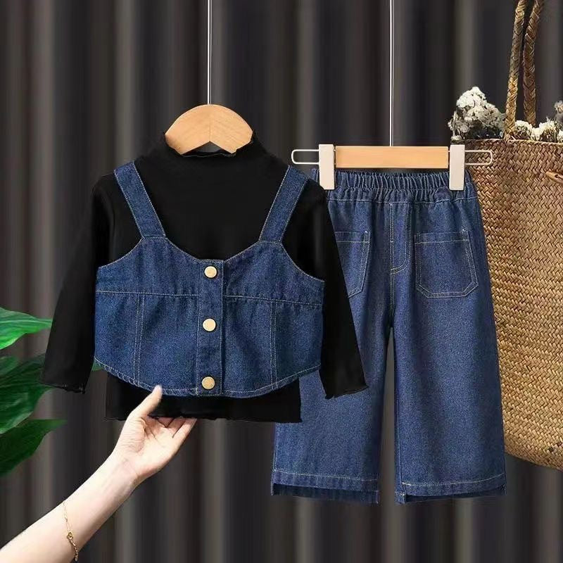 Girls clothing jeans vest+pant and shirt three piece dress for girls
