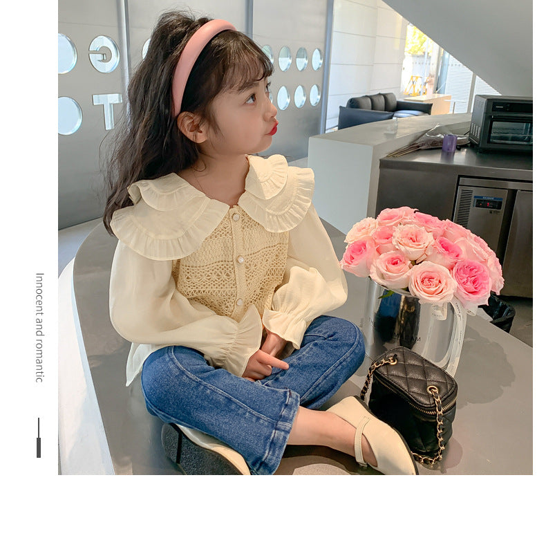 Girl set fake two-piece vest shirt+jeans dress for girls