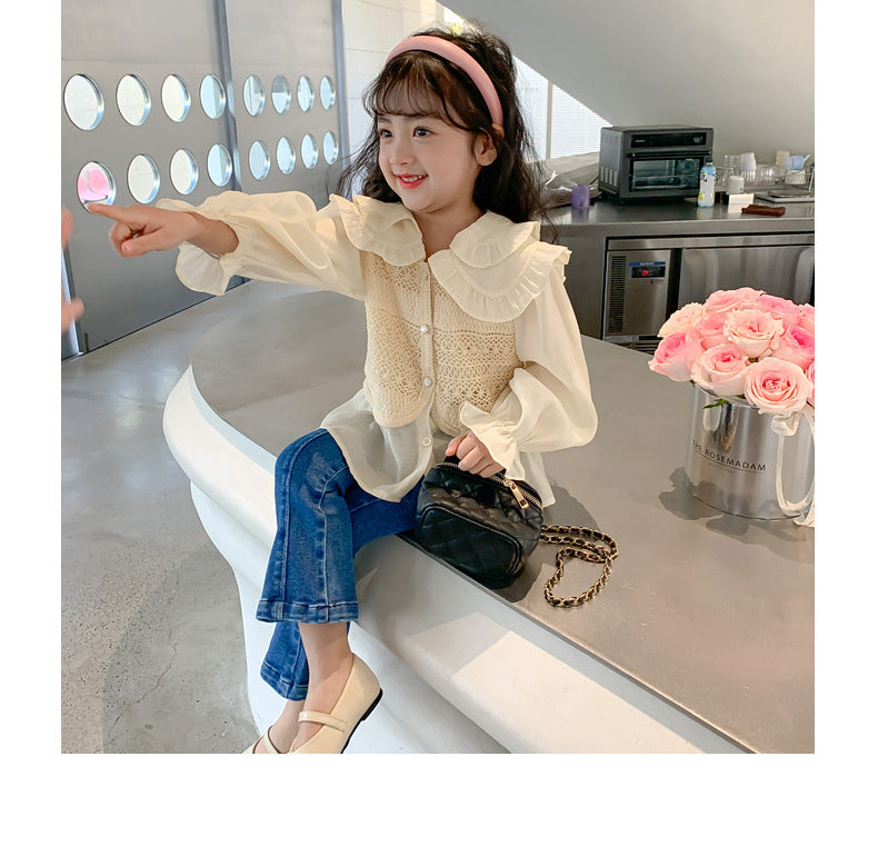 Girl set fake two-piece vest shirt+jeans dress for girls
