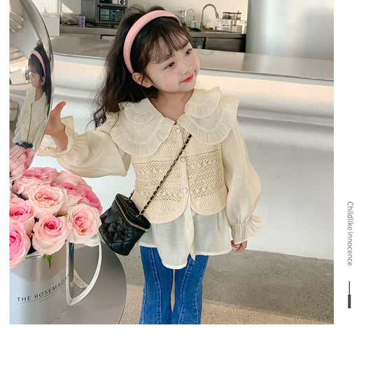 Girl set fake two-piece vest shirt+jeans dress for girls