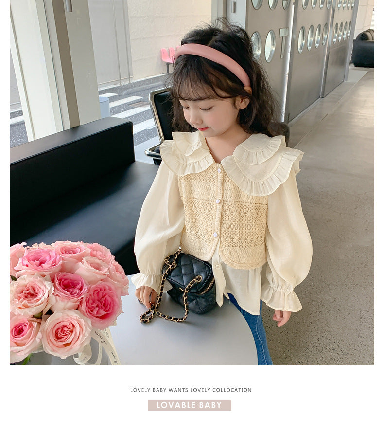 Girl set fake two-piece vest shirt+jeans dress for girls