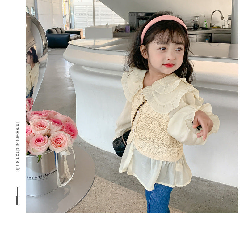 Girl set fake two-piece vest shirt+jeans dress for girls