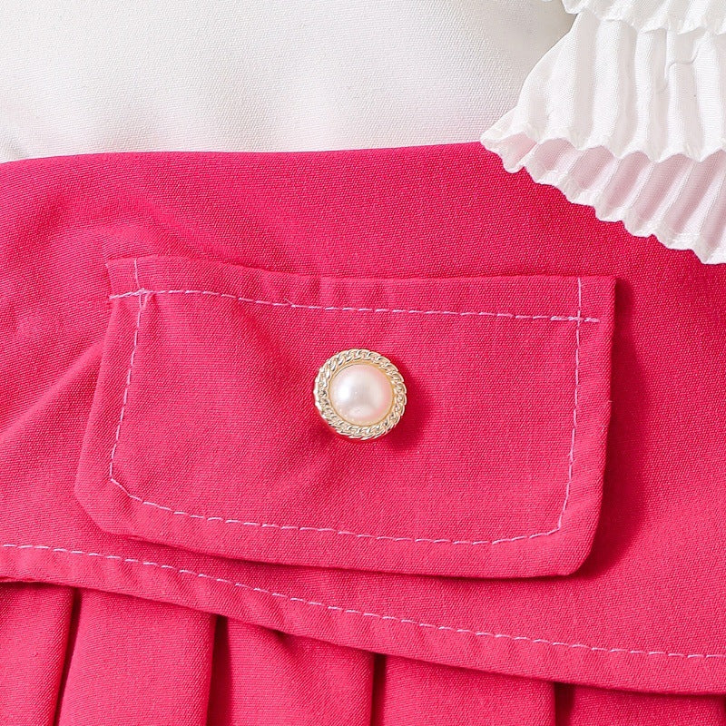 Kids fashion flower decorated lapel top + pleated skirt two-piece dress for girls