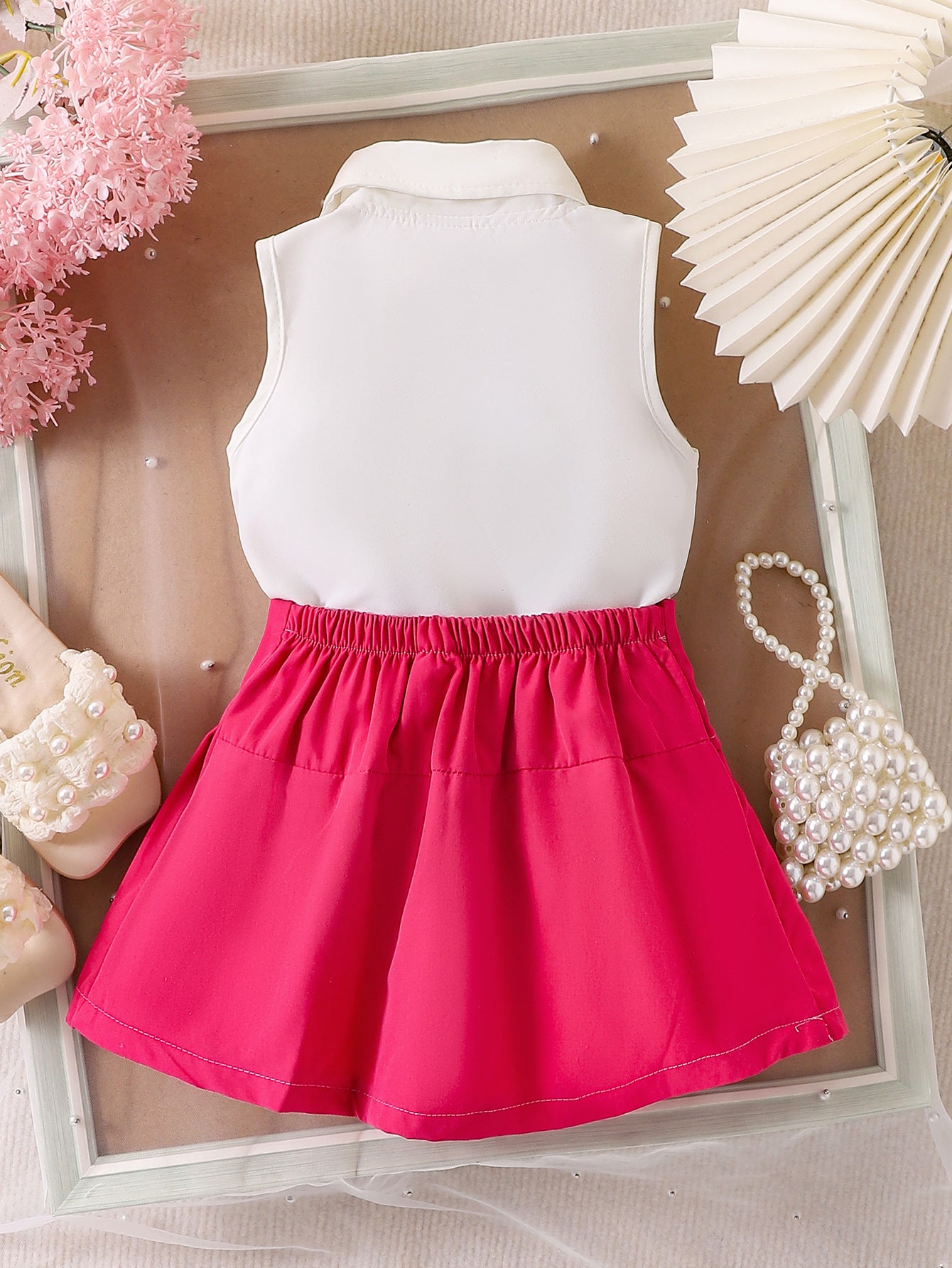 Kids fashion flower decorated lapel top + pleated skirt two-piece dress for girls