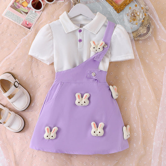 4690 Kids wear rabbit style half sleeve shirt and skirt one strap dress for girls