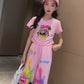 Cute Pink Cartoon T-shirt Pants Set Fashion Straight Pants Rainbow Outfits In Summer