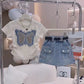 kids clothing embroidered top shirt with denim skirt + belt dress for girls